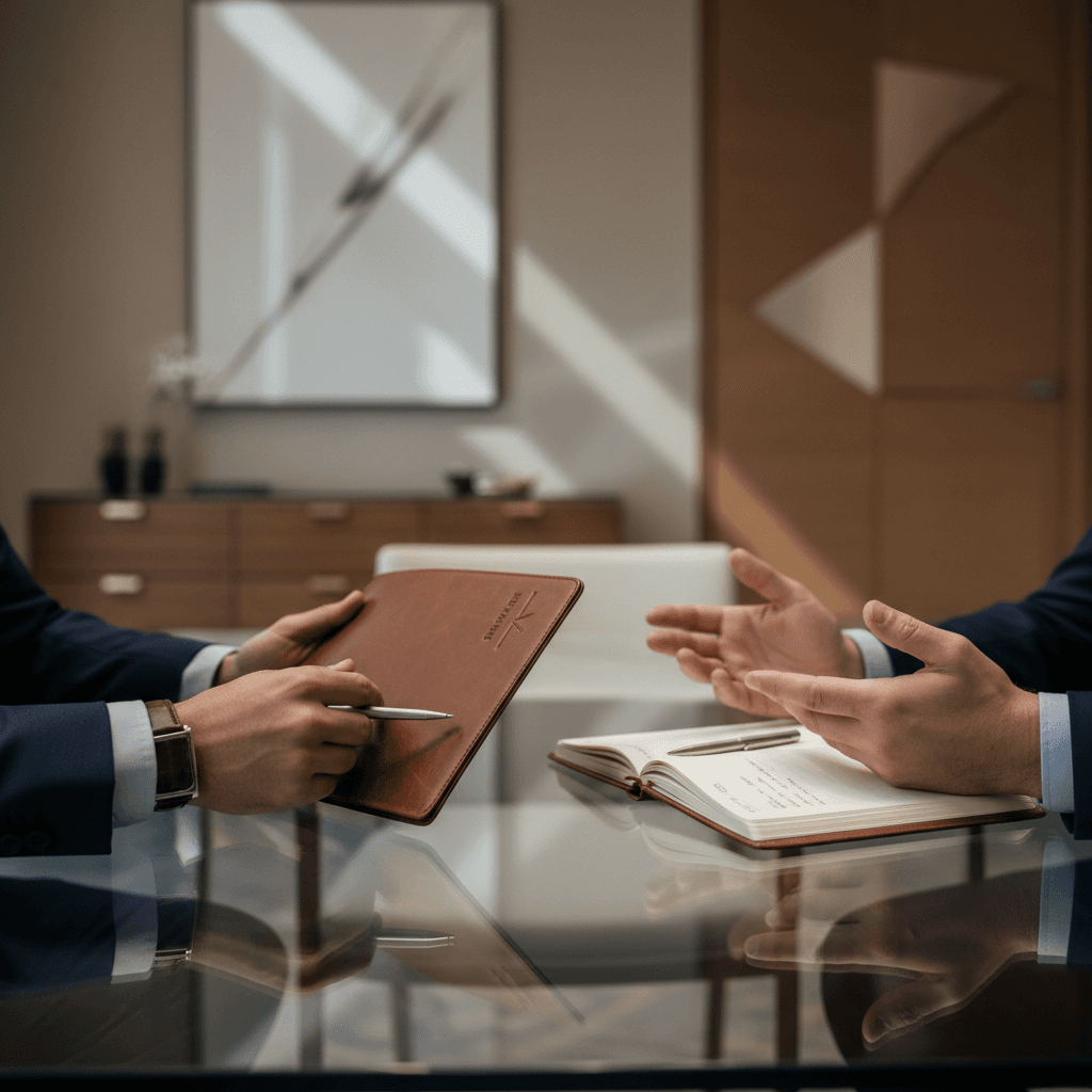 Two executives' hands during strategic discussion at minimalist glass conference table with natural window lighting