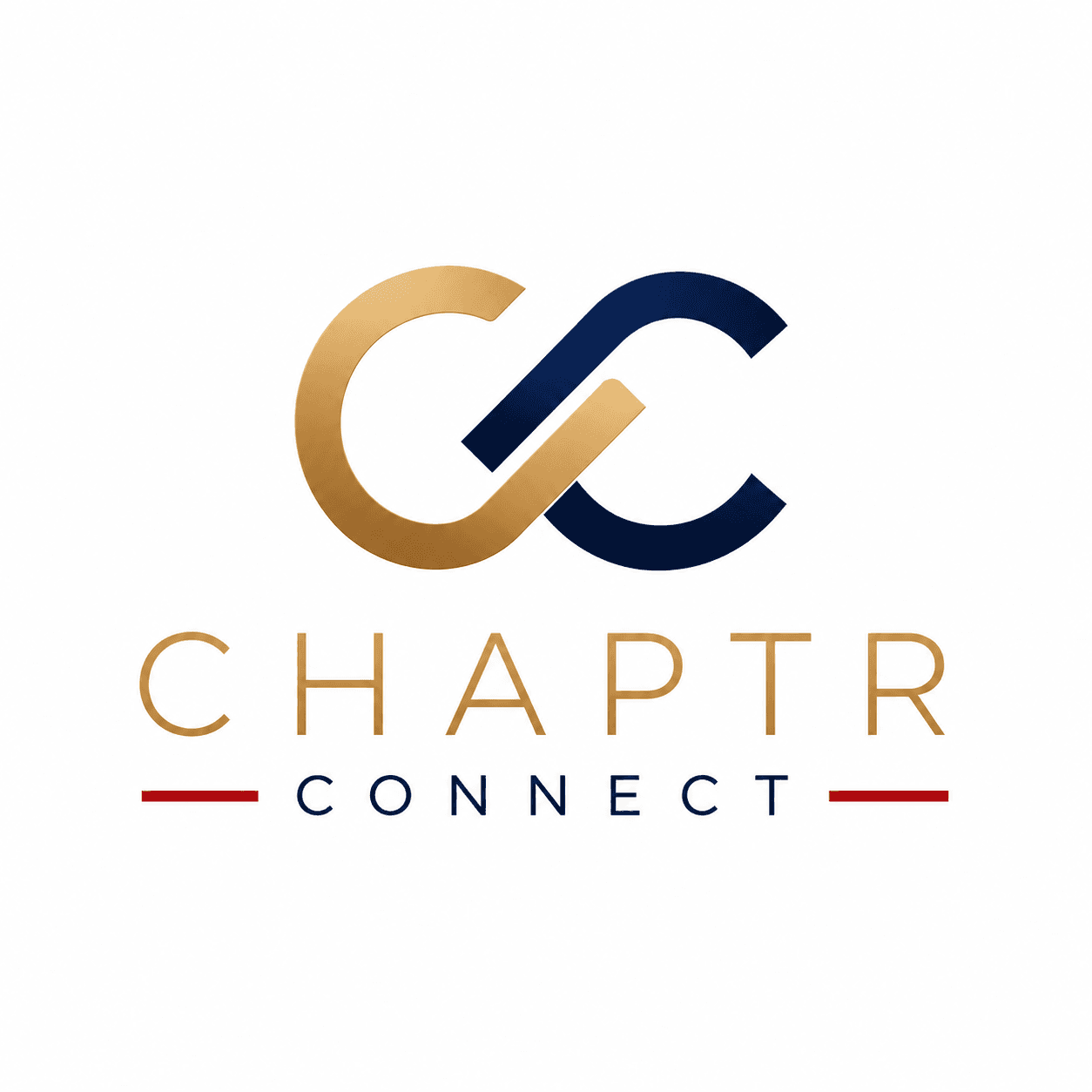 Interlocking gold and navy C logo above CHAPTR CONNECT text with red horizontal lines.